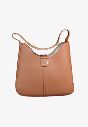 Borsa a tracolla in pelle con texture color cuoio, con una sola tracolla, un logo argentato davanti e un bordo superiore curvo.
