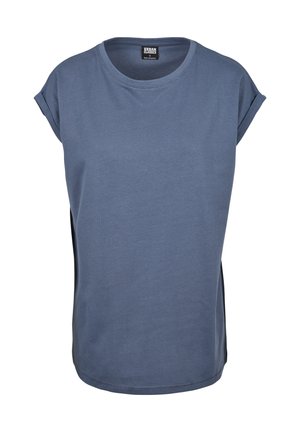 Korte ærmer blå bomuld t-shirt med rund halsudskæring og sideslidser, med en glat tekstur og enkelt design. Brandlabel er synligt.