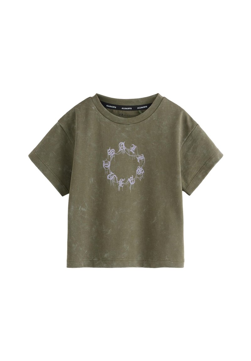 Olivgrön bomulls-t-shirt med korta ärmar, med en cirkulär design i ljuslila på framsidan. Mjuk textur, avslappnad passform.