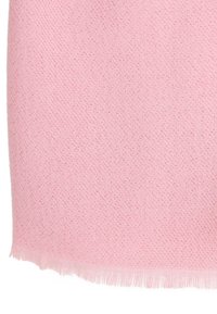 Textil de punto rosa claro con una textura suave, que presenta un borde con flecos, un patrón tejido uniforme y un ligero brillo.