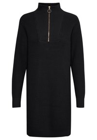 Robe pull en maille noire à manches longues avec col montant et fermeture éclair dorée équipée d’un anneau rond au centre avant.