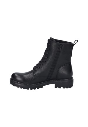 Bottine en cuir noir avec une tige texturée, lacets à l'avant, fermeture éclair sur le côté et semelle en caoutchouc durable. Présente une boucle pour un enfilage facile.