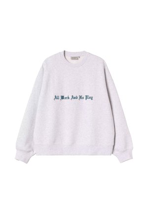 Sweat-shirt gris à manches longues, avec des poignets et un ourlet côtelés, arborant le texte "Tout le travail et pas de jeu" en cursive bleu foncé sur le devant.