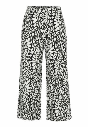 Schwarz-weiße, weit geschnittene Hose mit hohem Bund und einem abstrakten blattartigen Muster auf dem gesamten Stoff.