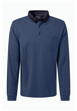 Langärmliges Polohemd in dunklem Marineblau mit einem Fischgrätmuster. Mit einem kontrastierenden Kragen, drei Knöpfen und einer Brusttasche.