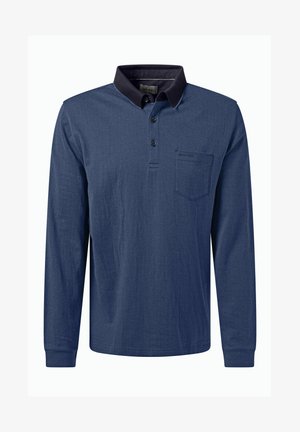 Langärmliges Polohemd in dunklem Marineblau mit einem Fischgrätmuster. Mit einem kontrastierenden Kragen, drei Knöpfen und einer Brusttasche.