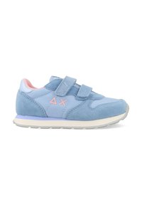 Blue children's sneakers with velcro straps, suede and fabric materials, rounded toe, light sole, and contrasting pink accents.