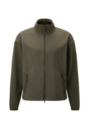 Olive green jacket with a high collar, full front zipper, double side pockets, and a smooth texture. Features contrasting sleeve material.