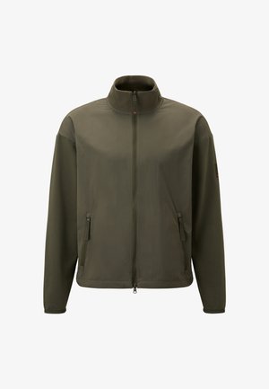 Olivgrüne Jacke mit hohem Kragen, durchgehendem Reißverschluss, doppelten Seitentaschen und glatter Textur. Verfügt über kontrastierendes Ärmelmaterial.