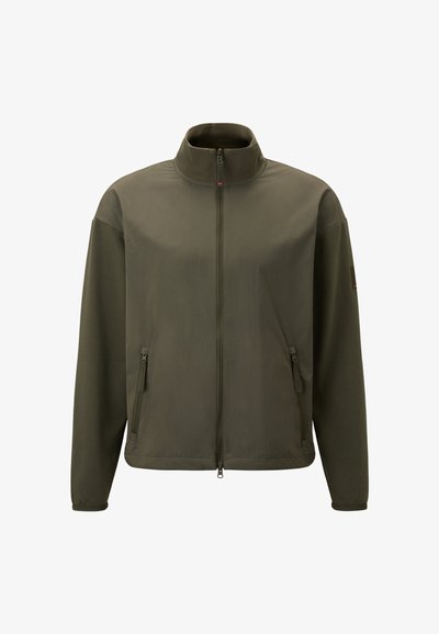 Olive green jacket with a high collar, full front zipper, double side pockets, and a smooth texture. Features contrasting sleeve material.