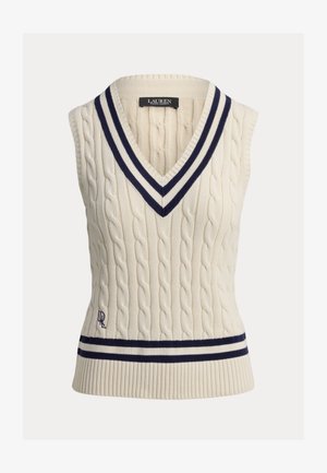 Gebreide mouwloze trui in roomwit met diepe V-hals. Voorzien van marineblauw en wit gestreepte rand bij de halslijn en zoom, met logo-detail.