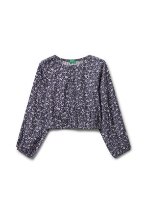Cropped top di colore viola scuro con maniche lunghe a sbuffo e un piccolo motivo floreale bianco e viola chiaro.