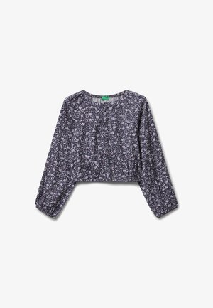 Dunkellila verkürzte Bluse mit langen, puffartigen Ärmeln und einem kleinen weißen sowie helllila Blumenmuster.