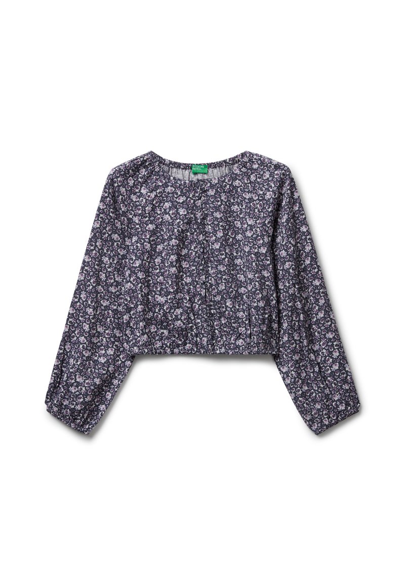 Cropped top di colore viola scuro con maniche lunghe a sbuffo e un piccolo motivo floreale bianco e viola chiaro.