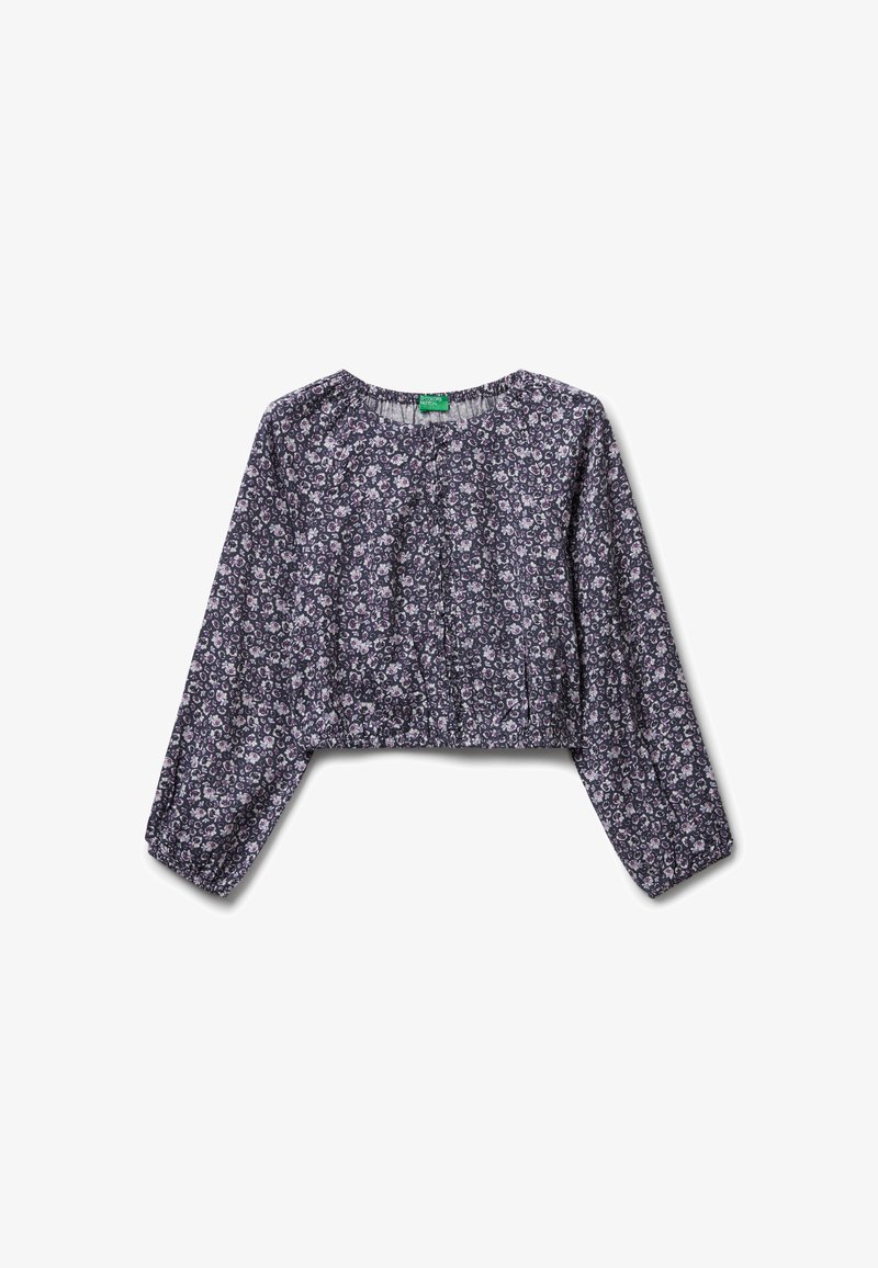 Cropped top di colore viola scuro con maniche lunghe a sbuffo e un piccolo motivo floreale bianco e viola chiaro.