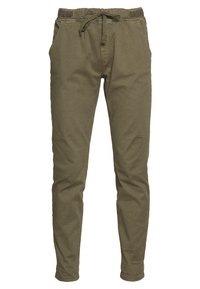 Olijfgroene joggerbroeken met een elastische tailleband en een trekkoord, met zijzakken en een taps toelopende pasvorm. Gemaakt van zacht materiaal.