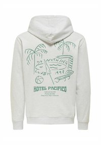 Sweatshirt à capuche gris clair avec un design graphique vert représentant des palmiers, un ballon de plage et le texte "Hotel Pacifico" au dos.