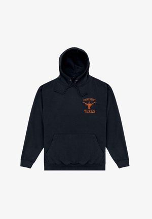 Zwarte hoodie van katoen, met een voorzak, trekkoorden bij de capuchon en bedrukt "University of Texas" met een longhorn-logo.