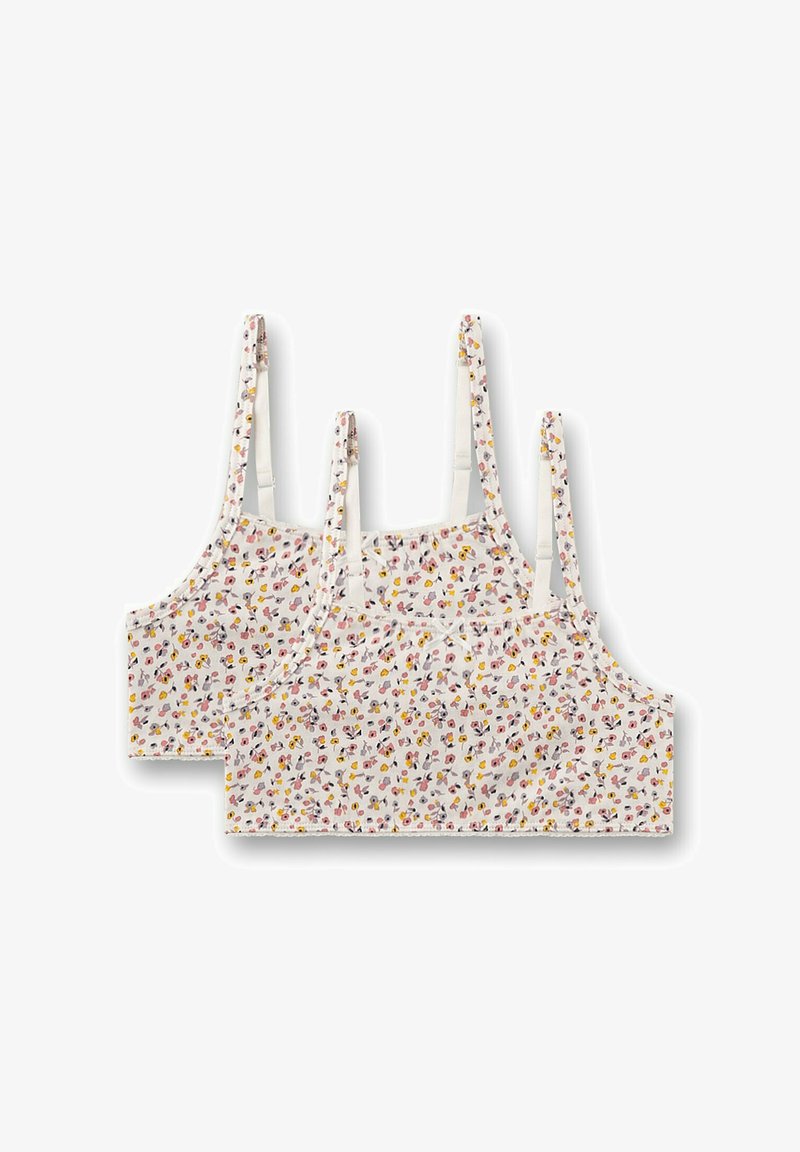 Due crop top leggeri con stampa floreale, caratterizzati da spalline regolabili, una base bianca morbida e motivi floreali multicolori.