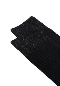 Calze nere a coste con un bordo testurizzato che presenta delle tracce metalliche. Il materiale sembra morbido e flessibile, adatto per un look casual.