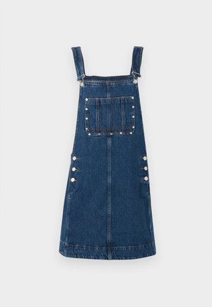 Denim overall obleka v temno modri barvi, z nastavljivimi naramnicami, sprednjim žepom in bočnimi gumbi za zapenjanje. Gladka tekstura in sproščen dizajn.