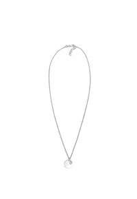Silver necklace with a fine chain and a round pendant featuring a small gemstone accent. Simple, sleek design, and polished finish.
