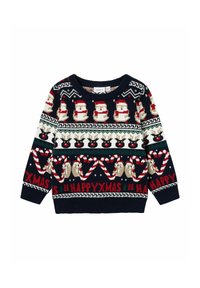 Maglione lavorato a maglia con una base blu navy, decorato con motivi festivi di Babbo Natale, renne, bastoncini di zucchero e bradipi in rosso e crema.