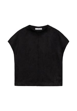 Top corto in suede nero a maniche corte con scollatura rotonda e un sottile dettaglio di cucitura centrale, adagiato su uno sfondo bianco.