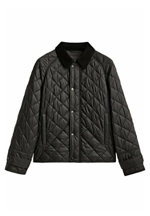 Veste noire matelassée avec coutures en forme de losange, fermeture par boutons-pression, col en velours côtelé, poches latérales et poignets réglables à boutons-pression.