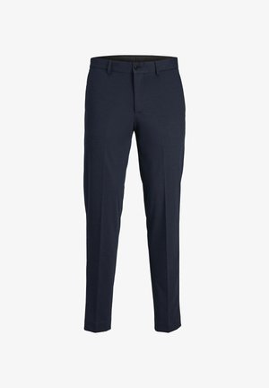 Tamsiai mėlynos kelnės, pagamintos iš lygaus audinio, su standartiniu liemeniu, priekinėmis raukšlėmis ir vienu užsegimu mygtuku.