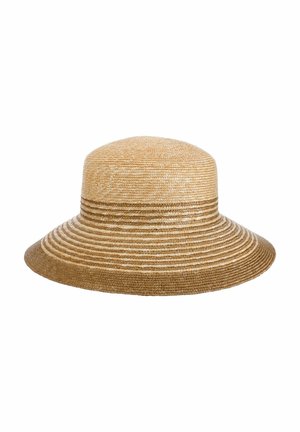 Wide-brimmed, beige straw hat with a rounded crown and alternating light and dark woven stripes on the brim.