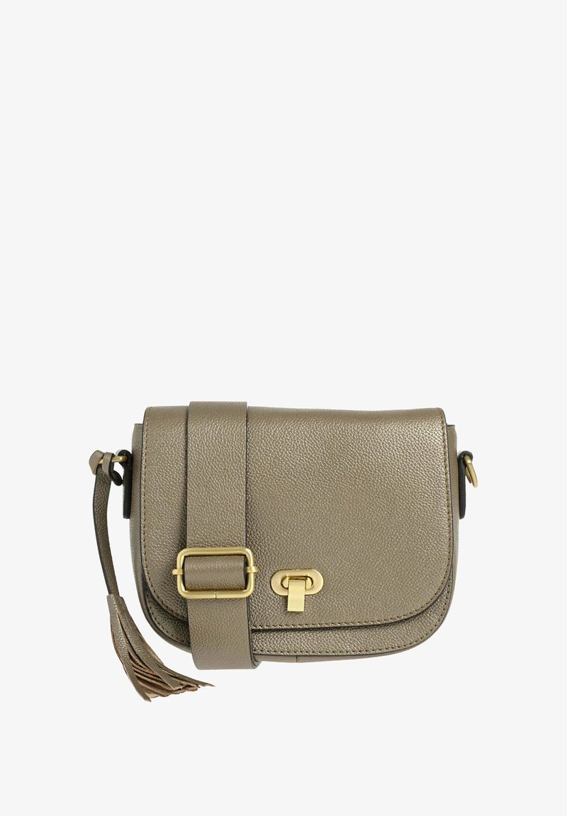 Sac à bandoulière en cuir métallisé taupe avec une surface texturée. Présente une boucle en or, des accents métalliques et un pompon décoratif.