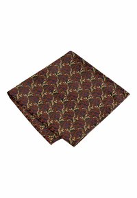 Mörkt tygrutor med intrikata röda, gyllene och lila vinranka-liknande blommönster, vikt mot en vit bakgrund.