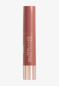 Rouge à lèvres Collistar Milano twist en rose doux, présentant un design cylindrique élégant avec une base métallique et un logo en relief.