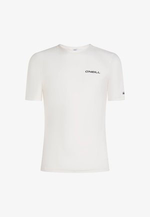Short-sleeve, white rash guard made of lightweight material. Features a black "O'Neill" logo on the chest and flat seams for comfort.