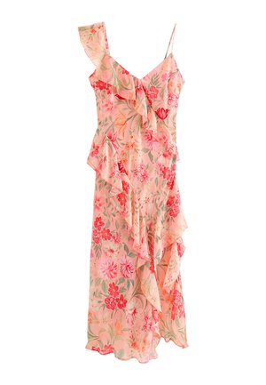 Roze bloemen wikkeljurk met ruches, een gerimpelde off-shoulder mouw en aan de andere kant een dun spaghetti bandje.