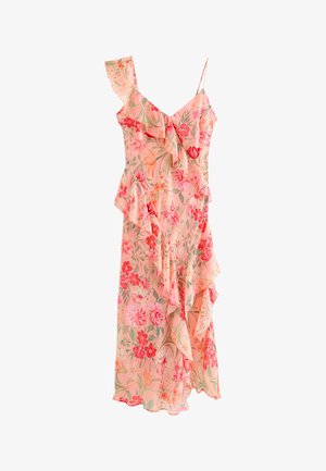 Abito a portafoglio rosa con stampa floreale, arricciature, una manica arricciata a spalla scoperta e una sottile bretella spaghetti dall'altra parte.