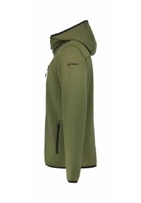 Olijfgroene capuchonjas van een gestructureerde stof, met een zak met rits en zwarte bies langs de capuchon en zoom.