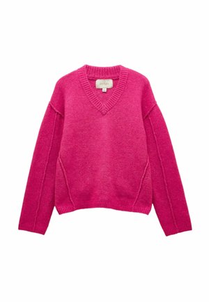 Rosa V-Ausschnitt-Pullover mit langen Ärmeln, geripptem Kragen und Saum, strukturiertem Strickmuster, lockerer Passform und Seitennahtdetails.
