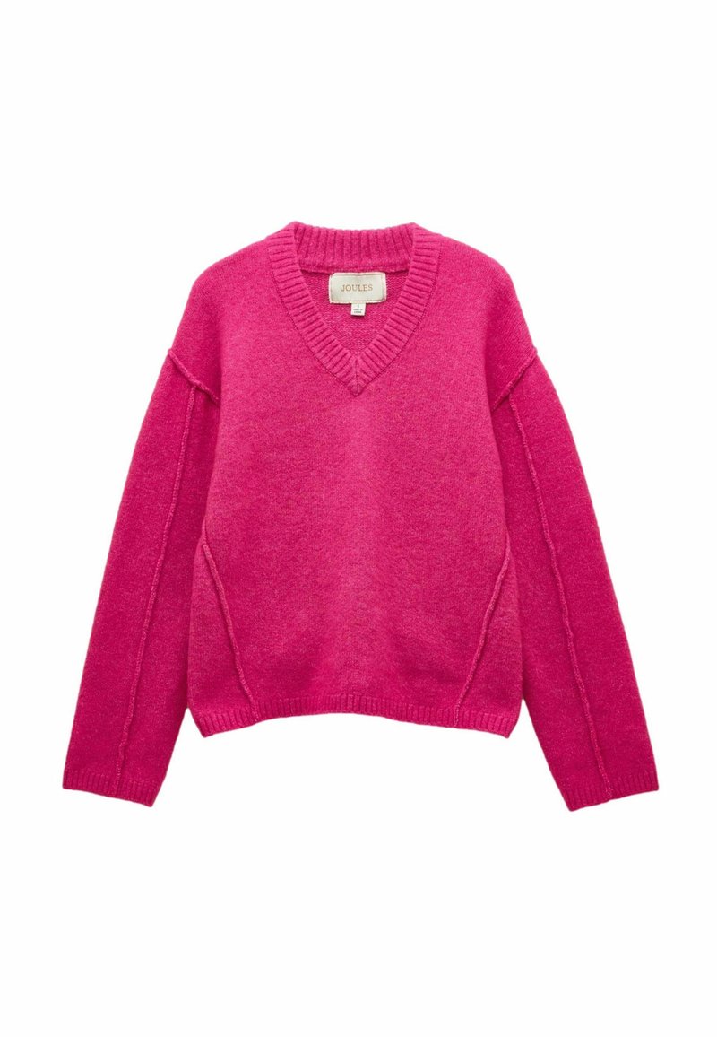 Pulover roz cu decolteu în V, mâneci lungi, guler și tiv cu model în relief, textură tricotată, croială lejeră și detalii pe cusătura laterală.