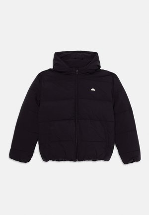 Doudoune noire avec capuche, dotée d'une fermeture éclair à l'avant, de poches latérales et d'un logo discret sur la poitrine. Tissu texturé et léger.
