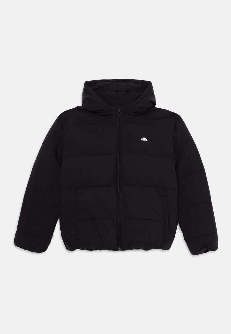 Svart puffjacka med huva, med en dragkedja framtill, sidofickor och en diskret logotyp på bröstet. Texturerad, lättviktig tyg.