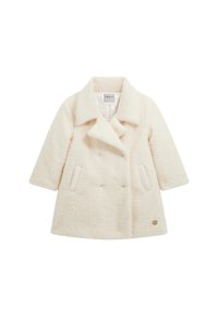 Cappotto doppiopetto in misto lana color crema, con texture, colletto ampio, due tasche laterali e etichetta del marchio Guess sull'orlo inferiore.