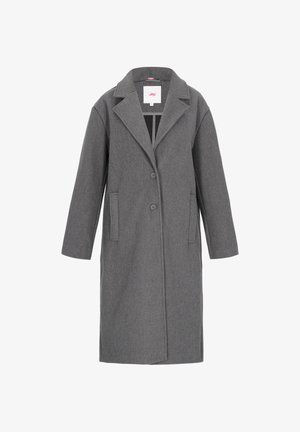 Gray, long coat made of wool blend with notched lapels, two front pockets, and two-button closure. Smooth texture and tailored fit.