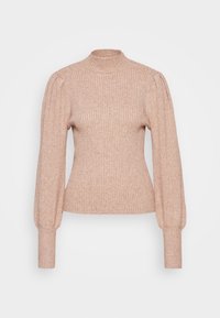 Jersey de punto acanalado en rosa claro con cuello alto, cuerpo ajustado y mangas abullonadas, con mangas largas y un patrón texturizado.