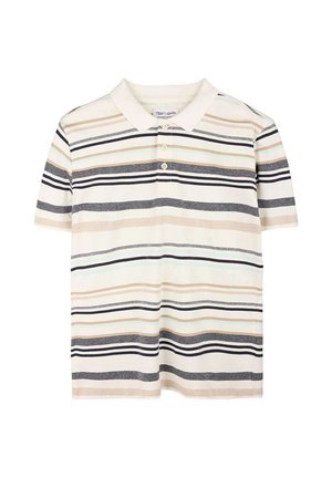 Polo à manches courtes avec des rayures horizontales en beige, gris, noir et bleu clair sur un fond blanc, avec trois boutons sur le devant.