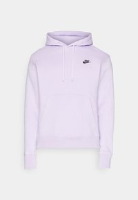 Lavendel Nike-hoodie med framficka, svart broderad logotyp på bröstet, dragsko i huvan och långa ärmar på vit bakgrund.