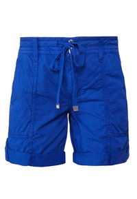 Klart blå avslappnade shorts med upprullade fållar, framfickor och dragsko i midjan.