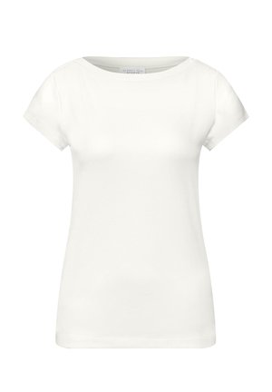 T-shirt blanc uni à manches courtes, ajusté, avec col rond, présenté sur un fond blanc.