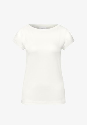 T-shirt blanc uni à manches courtes, ajusté, avec col rond, présenté sur un fond blanc.